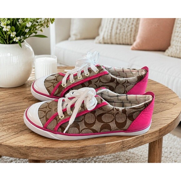 Coach Shoes - Coach Barrett Monogram Khaki Brown Pink Canvas Low Top Sneaker Tennis Shoe 7.5B